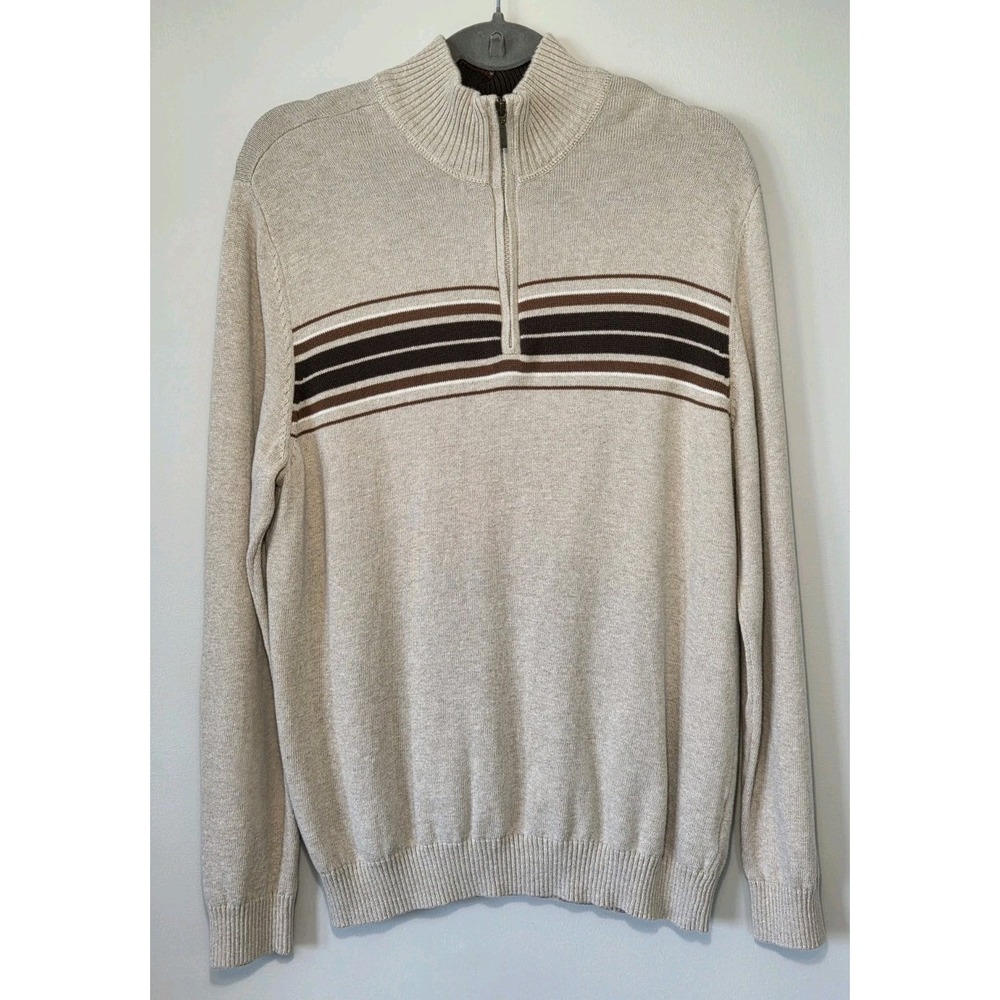 Sun River Sweater Men's Large Quarter Zip Pullover Beige Brown Cotton